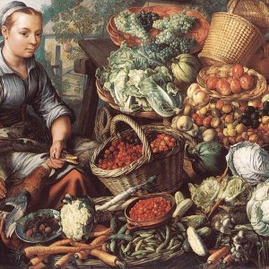 Market Woman With Fruit Vegetables And Poultry