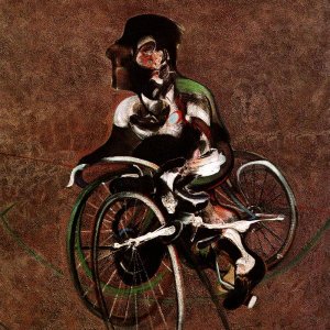 Portrait of George Dyer riding a bicycle