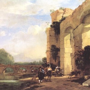 Italian landscape With The Ruins Of A Roman Bridge And Aqueduct