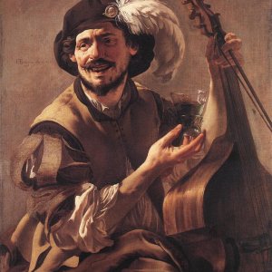 A Laughing Bravo with a Bass Viol and a Glass