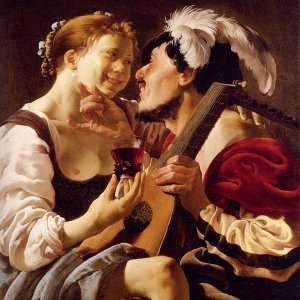 A Luteplayer Carousing With A Young Woman Holding A Roemer