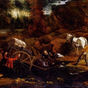 Figures With A Cart And Horses Fording A Stream