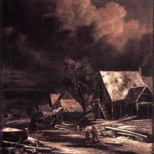 Village At Winter At Moonlight