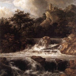 Waterfall With Castle Built On The Rock