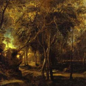 A Forest at Dawn with a Deer Hunt
