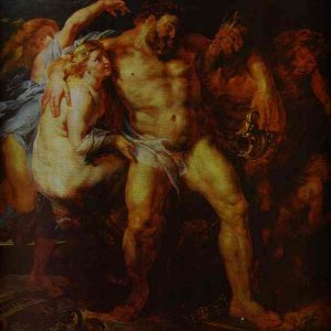 Hercules Drunk, Being Led Away By a Nymph and a Satyr